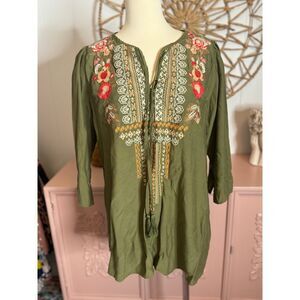 Women's Olive green blouse with embroidery. Size Large. Stain on‎ back on sleeve